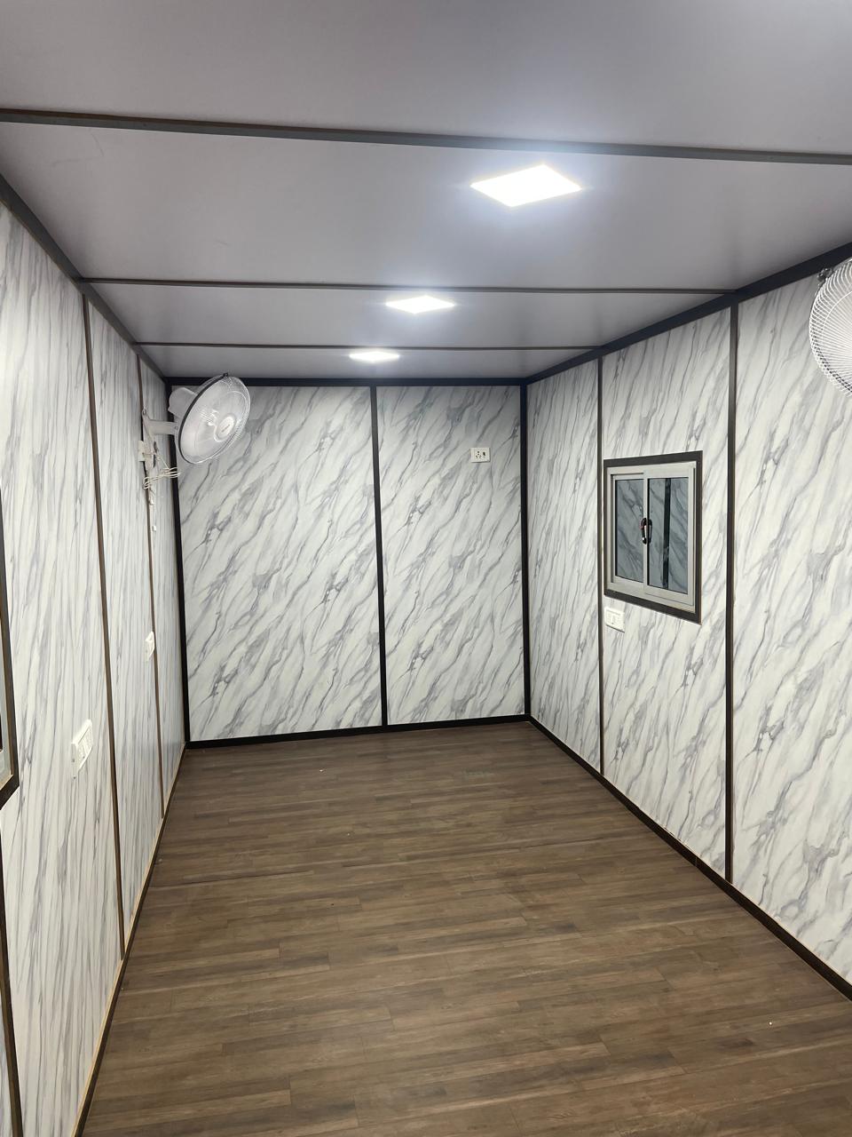 Container home exterior at sunset